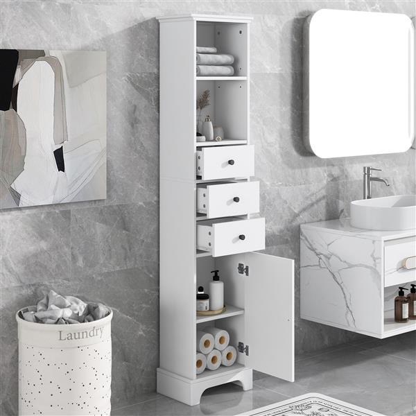 White Tall Bathroom Cabinet,  Storage Cabinet with 3 Drawers and Adjustable Shelf, MDF Board with Painted Finish