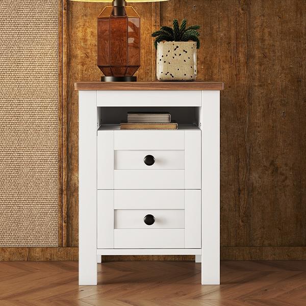 2-Drawer Farmhouse Wooden Nightstand with Well-proportioned Design and Sleek Lines, Wood Side Table with Storage Cabinet for Bedroom, White+Brown