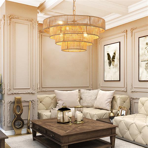 Bohemian style Woven Pendant Light 19.7 Inch Rattan Ligh Large Rattan Pendant Light with 4-Tier Rattan Chandelier--Wood