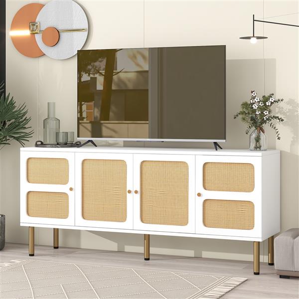 Boho style TV Stand with Rattan Door, Woven Media Console Table for TVs Up to 70'', Country Style Design Side Board with Gold Metal Base for Living Room, White.