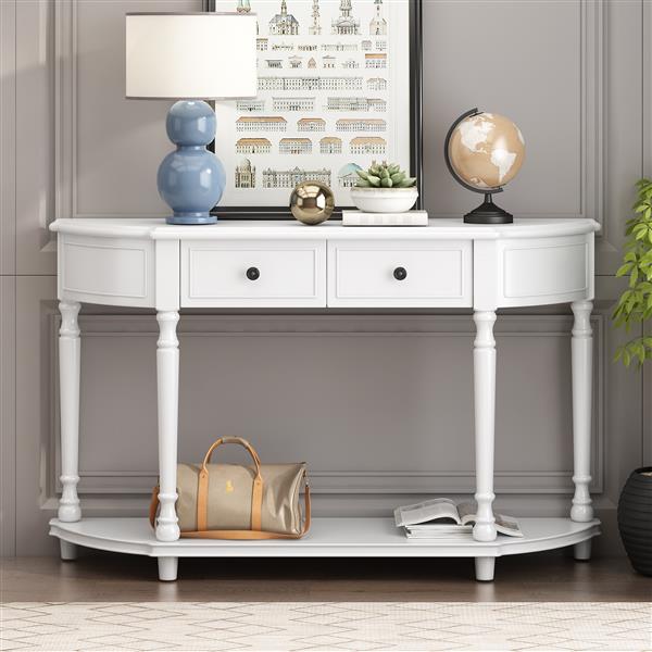 Retro Circular Curved Design Console Table with Open Style Shelf Solid Wooden Frame and Legs Two Top Drawers