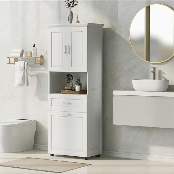 Tall Bathroom Cabinet with Laundry Basket, Large Storage Space Tilt-Out Laundry Hamper and Upper Storage Cabinet, White