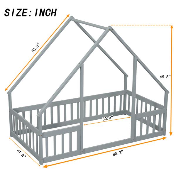 Twin Wood House-Shaped Floor Bed with Fence, Guardrails ,Grey