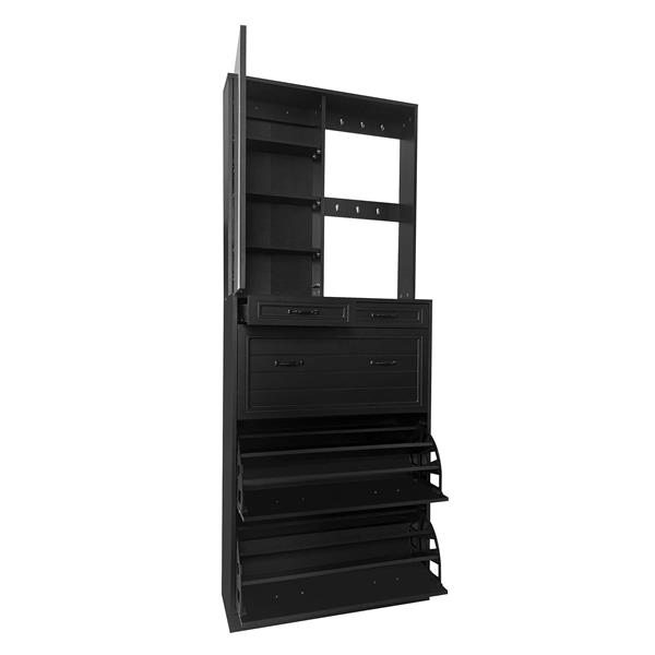 Multi-functional Shoe Cabinet with 3 Flip Drawers, Elegant Hall Tree with Mirror, Freestanding Entryway Organizer Shoe Rack with 6 Hanging Hooks for Hallway, Black