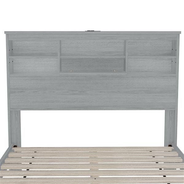 Queen Size Vintage Platform Bed,With Storage Headboard and Charging Station, Light Gray