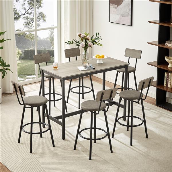 Pub High Dining Table 7 Piece Set, Industrial Style Pub Table, 6 PU Leather Bar Chairs for Kitchen Breakfast Table, Living Room, Bar, Rustic Grey, 47.2″L x 23.6"W x 35.4"H