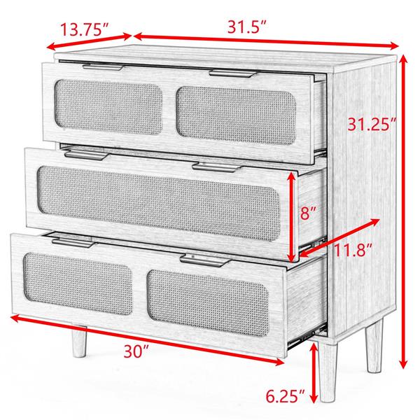 3 drawer dresser, modern rattan dresser cabinet with wide drawers and metal handles, farmhouse wooden storage chest of drawers for room, living room, hallway, entrance, office