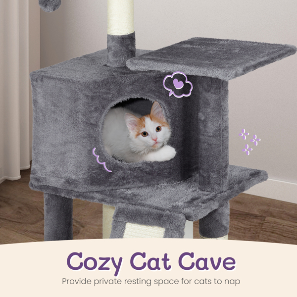 47 inch Cat Tree Cat Tower for Indoor Cats, Cat House with Padded Platform Bed, Toy Ball, Large Cozy Condo, Scratch Board and Sisal Scratching Posts, Dark Grey