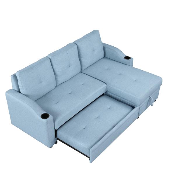 80.3". Pull Out Sofa Bed Modern Padded Upholstered Sofa Bed , Linen Fabric 3 Seater Couch with Storage Chaise and Cup Holder , Small Couch for Small Spaces