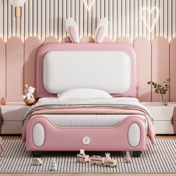 Twin size Upholstered Rabbit-Shape Princess Bed ,Twin Size Platform Bed with Headboard and Footboard,White+Pink