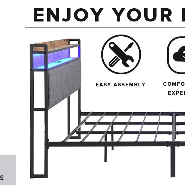 King Bed Frames with Storage Headboard and Drawers, LED Platform Bed Frame King Size, LED Upholstered Bed Frame with Charging Station, No Box Spring Needed, Easy Assembly, Grey