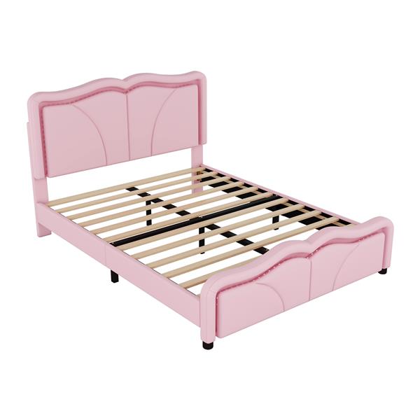 Full Size Upholstered Platform Bed with Curve Shaped and Height-adjustbale Headboard,LED Light Strips,Pink