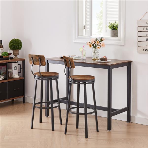 Swivel bar stool set of 2 with backrest, industrial style, metal frame, 29.5'' high for dining room. Rustic Brown, 13.4''w x 40.5''h.