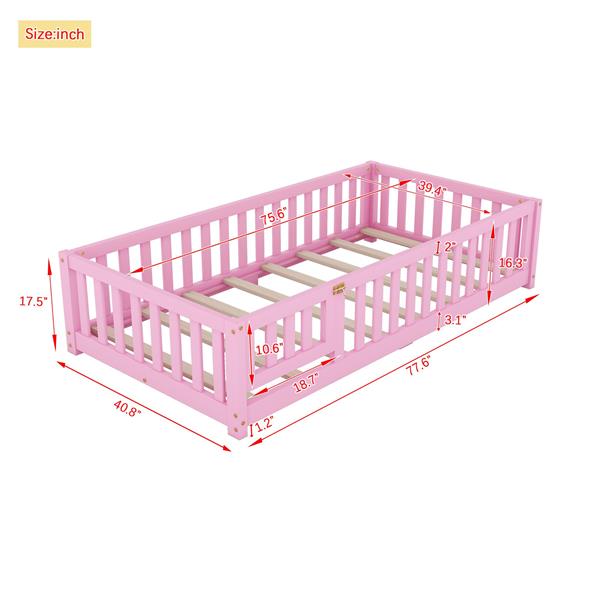 Twin Size Bed Floor Bed with Safety Guardrails and Door for Kids, Pink