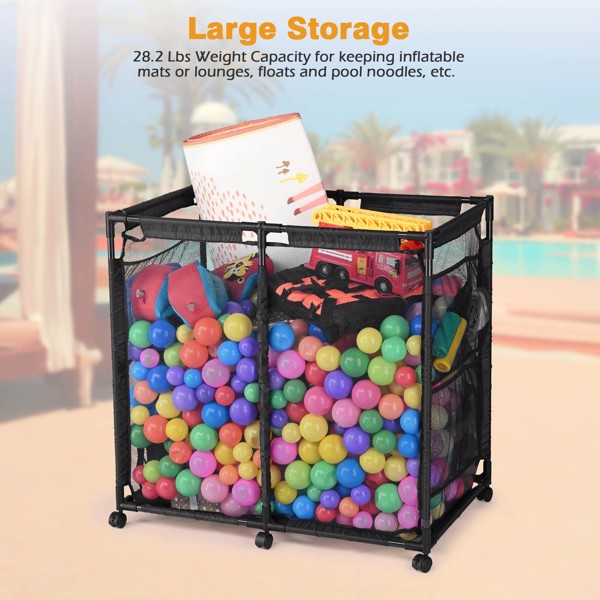 Pool Storage Bin, Pool and Ball Storage Organizer with Nylon Mesh Basket, for Pool Floats, Balls, Toys, Air Dry Quickly and Easily Roll The Storage Bins To Your Home Garage(No shipping on weekends.)