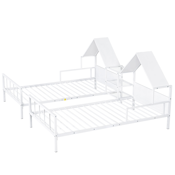 Metal Double Twin Size Platform Bed with House-shaped Headboard and a Built-in Nightstand, White