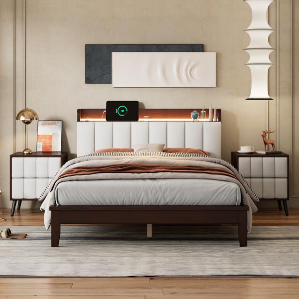 Full size Platform Bed with USB Charging Station and Storage Upholstered Headboard,LED Bed Frame,No Box Spring Needed,Walnut+Beige