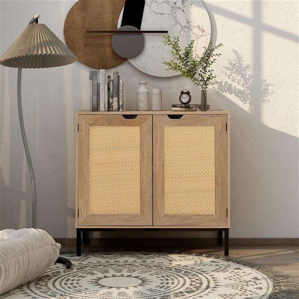 Rustic Storage Cabinet with 2 Rattan Doors, Mid Century Natural Wood Sideboard Furniture for Living Room