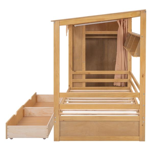 Twin size House Bed with Two Drawers and Wardrobe,Natural