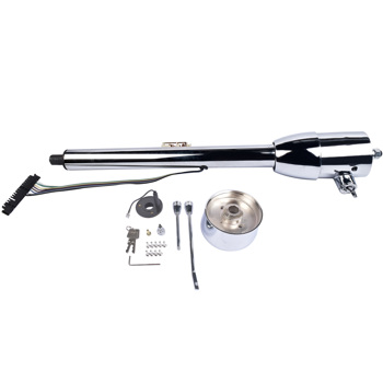 Chrome 28\\" Tilt Street Rod Floor Shift Steering Column with Key, 9-Hole Adapter