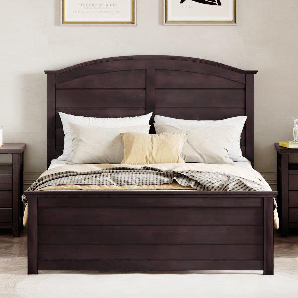 Farmhouse Wooden Platform Queen Size Bed with Curl Design Headboard and Footboard for Teenager, Espresso