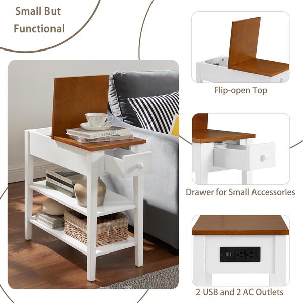 Narrow 2-tone End Table with USB Charging Ports for Small Space, SOLID WOOD Table Legs, White and Walnut, 11.8"W*24"D*24.2"H