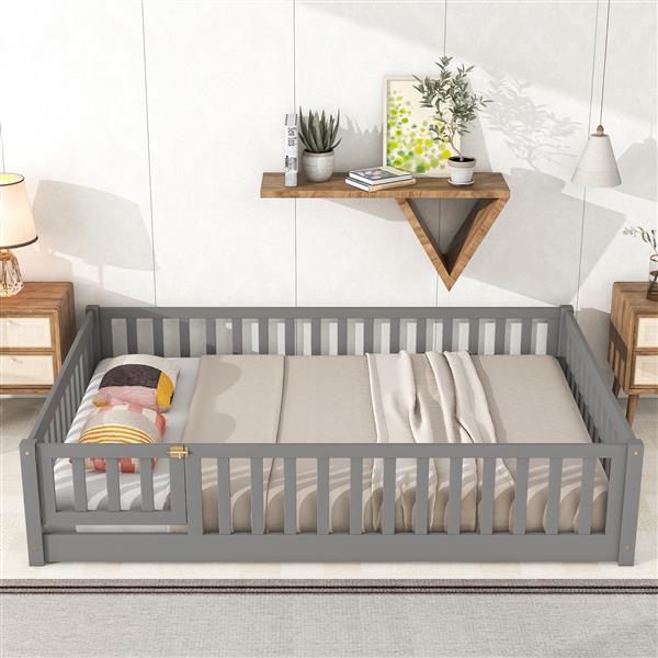 Full size Floor Platform Bed with Fence and Door,Grey