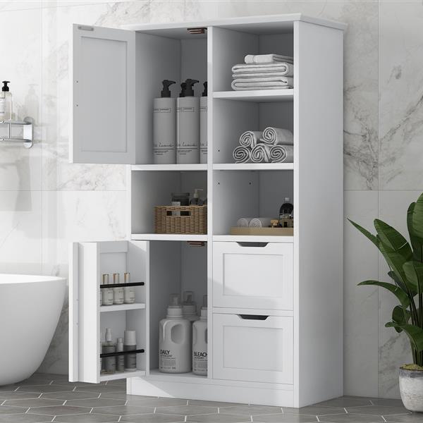 Bathroom Storage Cabinet with Doors and Drawers, Multiple Storage Space, Freestanding Style, Open Shelve, Adjustable Shelf, White