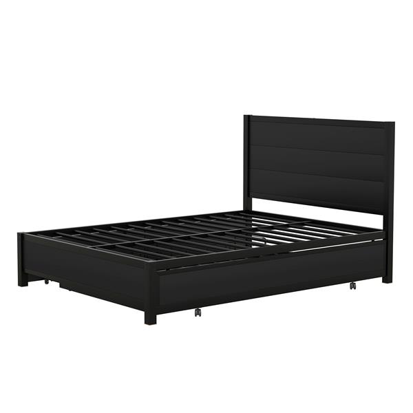 Metal Full Size Storage Platform Bed with Twin Size Trundle and 2 Drawers, Black