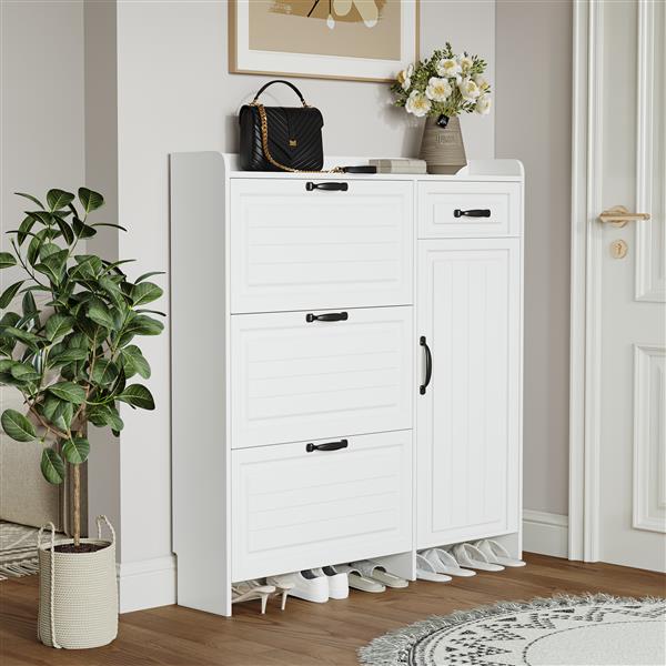 White color shoe cabinet  with 4 doors 1 drawers,PVC door with shape ,large space for storage