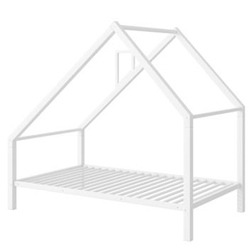 Twin Size Metal House Platform Bed with Roof and Chimney, White