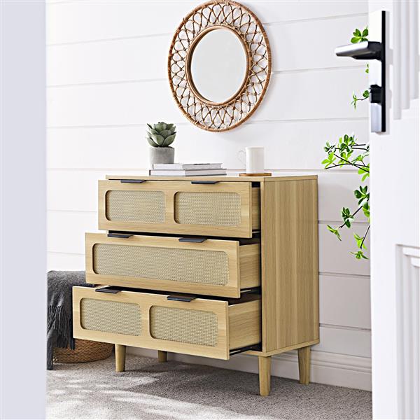 3 drawer dresser, modern rattan dresser cabinet with wide drawers and metal handles, farmhouse wooden storage chest of drawers for room, living room, hallway, entrance, office