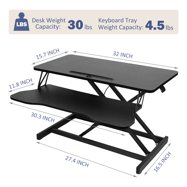 32 Inch Desk Converter, Height Adjustable Sit to Stand Riser, Dual Monitor and Laptop Workstation with Wide Keyboard Tray, Black 