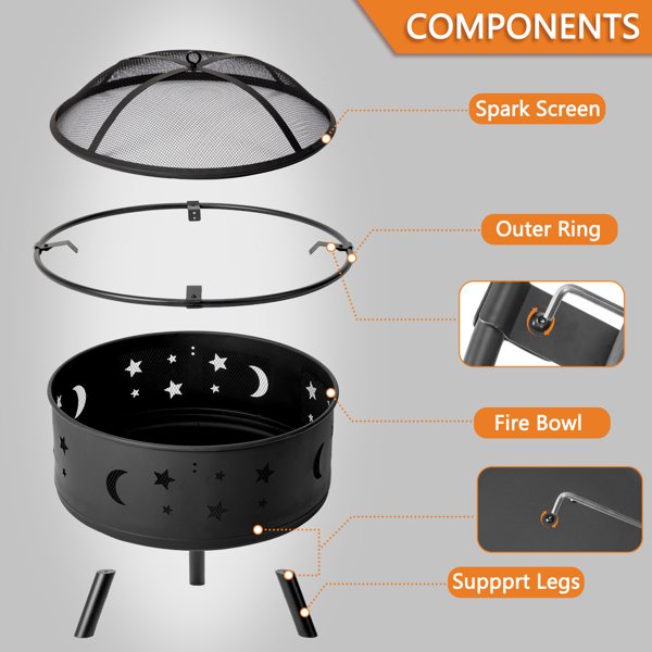 30IN Metal Fire Pit Black