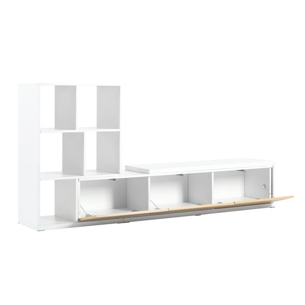 74.8''-126'' Extendable TV Stand with 3 Tier Bookshelves for TVs up to 110'', Adjustable Entertainment Center with Storage Cabinets, Sliding Tabletop Media Console for Living Room, White