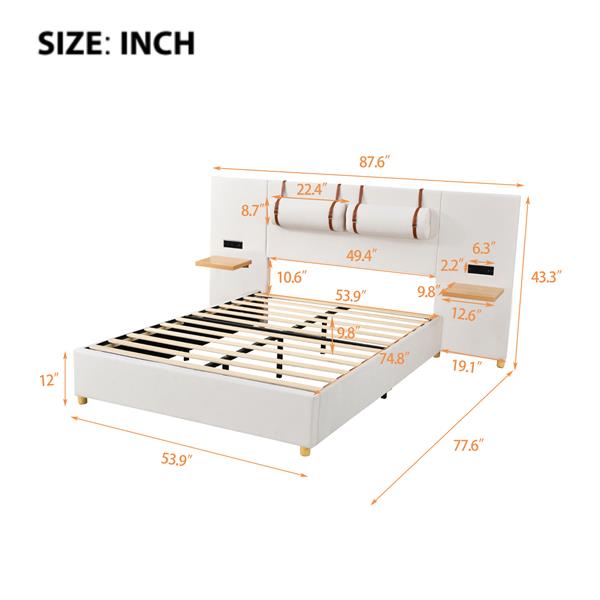 Full Size Upholstered Platform Bed, Two Outlets and USB Charging Ports on Both Sides, Two Bedside Pillows, Storage Shelves, Beige