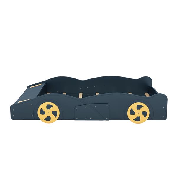 Full Size Race Car-Shaped Platform Bed with Wheels and Storage, Dark Blue+Yellow