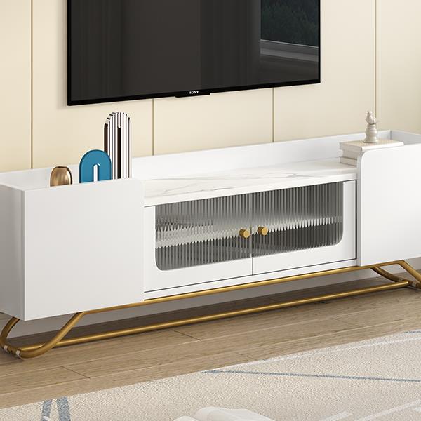 Sleek Design TV Stand with Fluted Glass, Contemporary Entertainment Center for TVs Up to 70", Faux Marble Top TV Console Table with Gold Frame Base, White