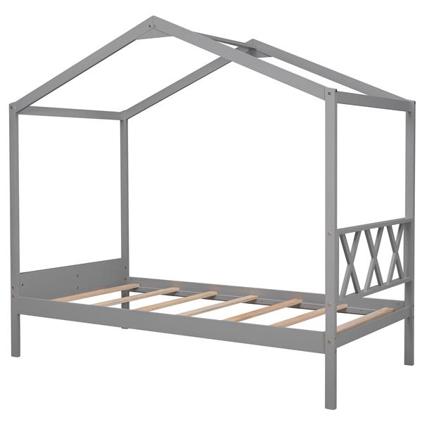 Twin Size Wood House Bed with Storage Space, Gray