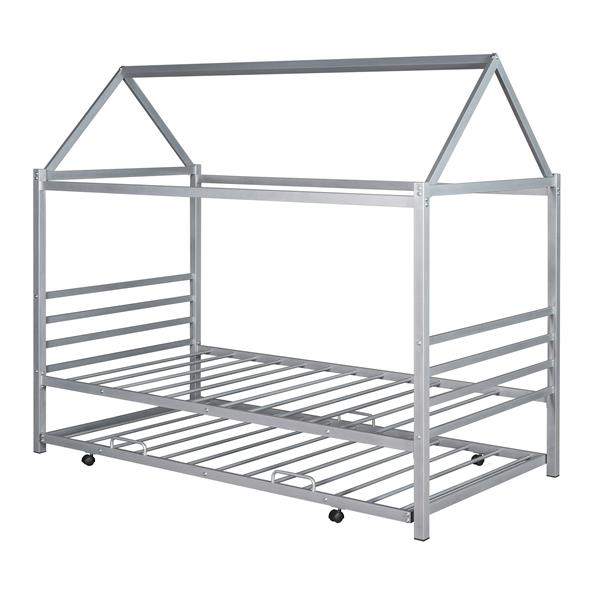 Twin Size Metal House Shape Platform Bed with Trundle,Silver