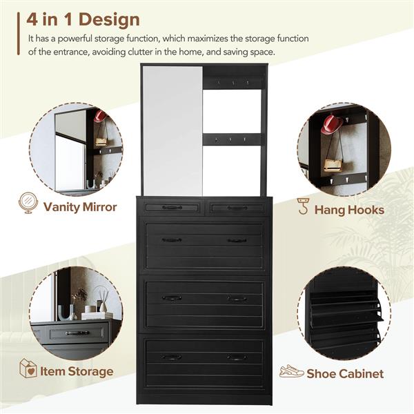 Multi-functional Shoe Cabinet with 3 Flip Drawers, Elegant Hall Tree with Mirror, Freestanding Entryway Organizer Shoe Rack with 6 Hanging Hooks for Hallway, Black