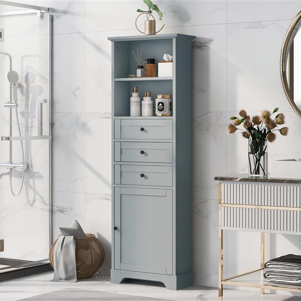 Grey Tall Storage Cabinet with 3 Drawers and Adjustable Shelves for Bathroom, Kitchen and Living Room, MDF Board with Painted Finish