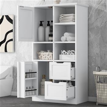 Bathroom Storage Cabinet with Doors and Drawers, Multiple Storage Space, Freestanding Style, Open Shelve, Adjustable Shelf, White