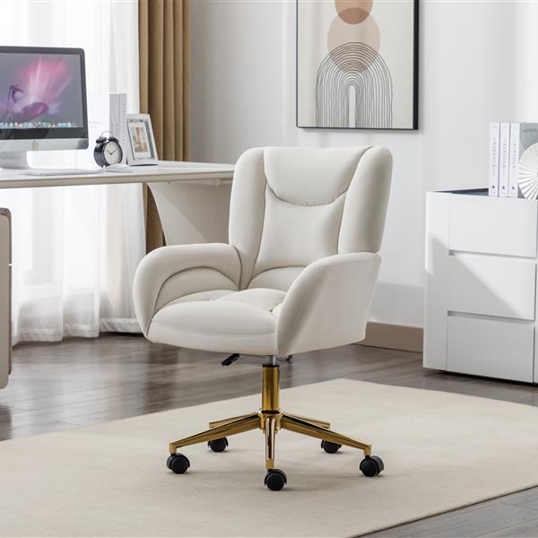 005-Velvet Fabric 360 Swivel Home Office Chair With Gold Metal Base And Universal Wheels,Ivory