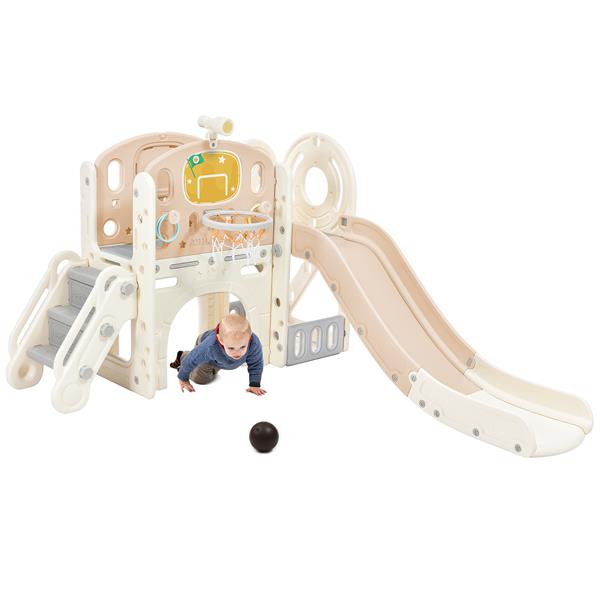 Kids Slide Playset Structure,  Castle Climbing Crawling Playhouse with Slide, Arch Tunnel, Ring Toss, and Basketball Hoop, Toy Storage Organizer for Toddlers, Kids Climbers Playground