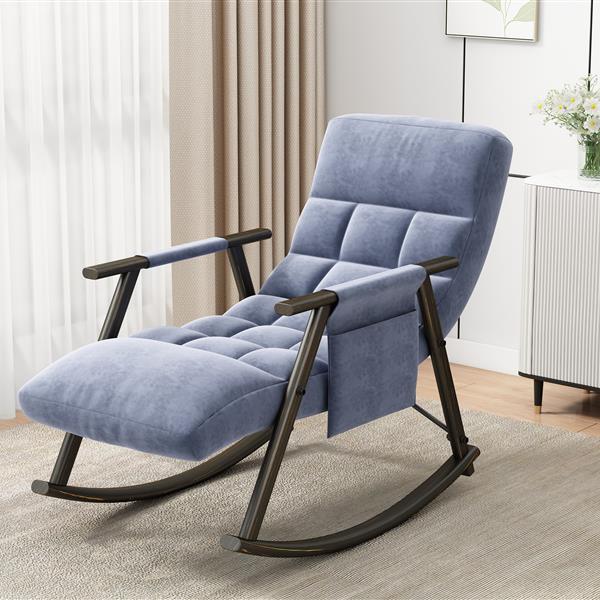 Casual folding rocking chair upholstered, lounge rocking chair adjustable high back and foot rest,side pockets placed in living room bedroom balcony