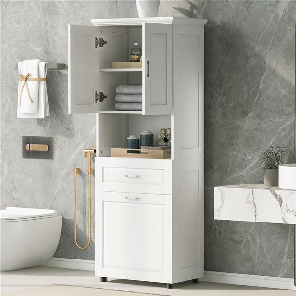 Tall Bathroom Cabinet with Laundry Basket, Large Storage Space Tilt-Out Laundry Hamper and Upper Storage Cabinet, White