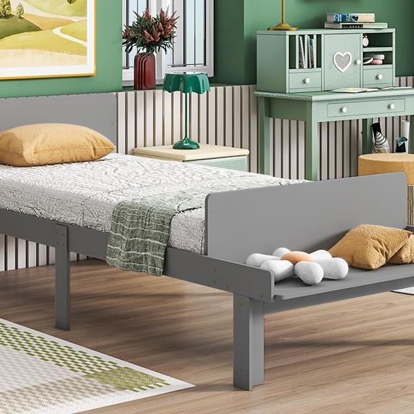 Twin Bed with Footboard Bench,Grey