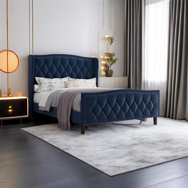 Full Size Bed Frame, Modern Upholstered Platform Bed with Wingback Headboard, Velvet Bed Frame with Wood Slat Support, Easy Assembly, No Box Spring Needed(Blue, Full)