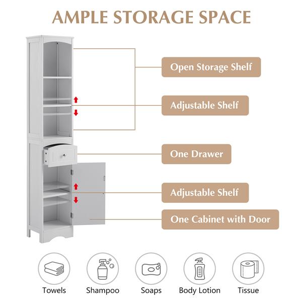 Tall Bathroom Cabinet, Freestanding Storage Cabinet with Drawer, MDF Board, Adjustable Shelf, White